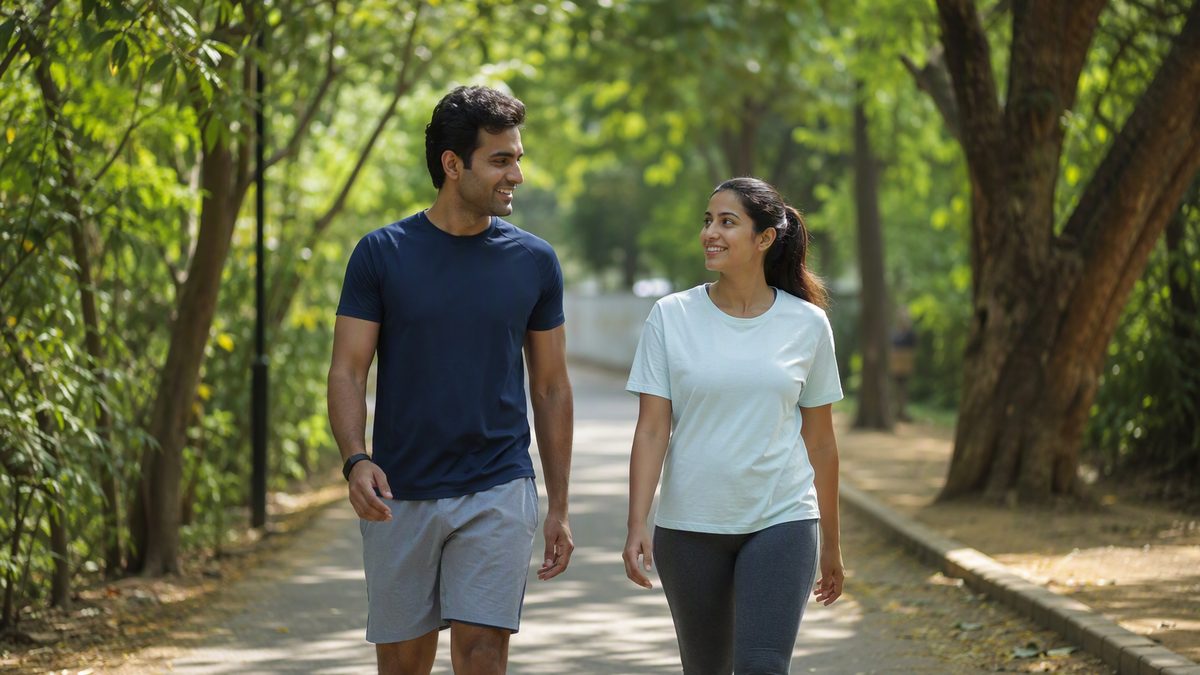 Two people taking a relaxed walk on a leafy path in the morning