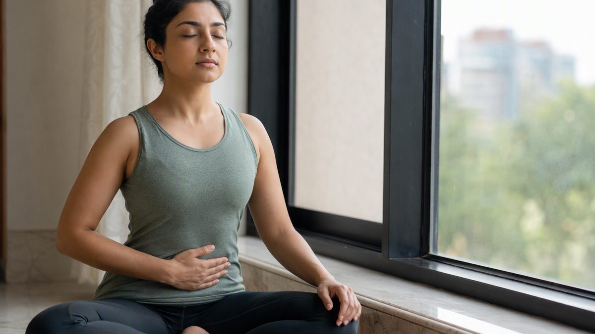 Person sitting cross-legged by a window doing slow breathing with eyes closed, hand on belly