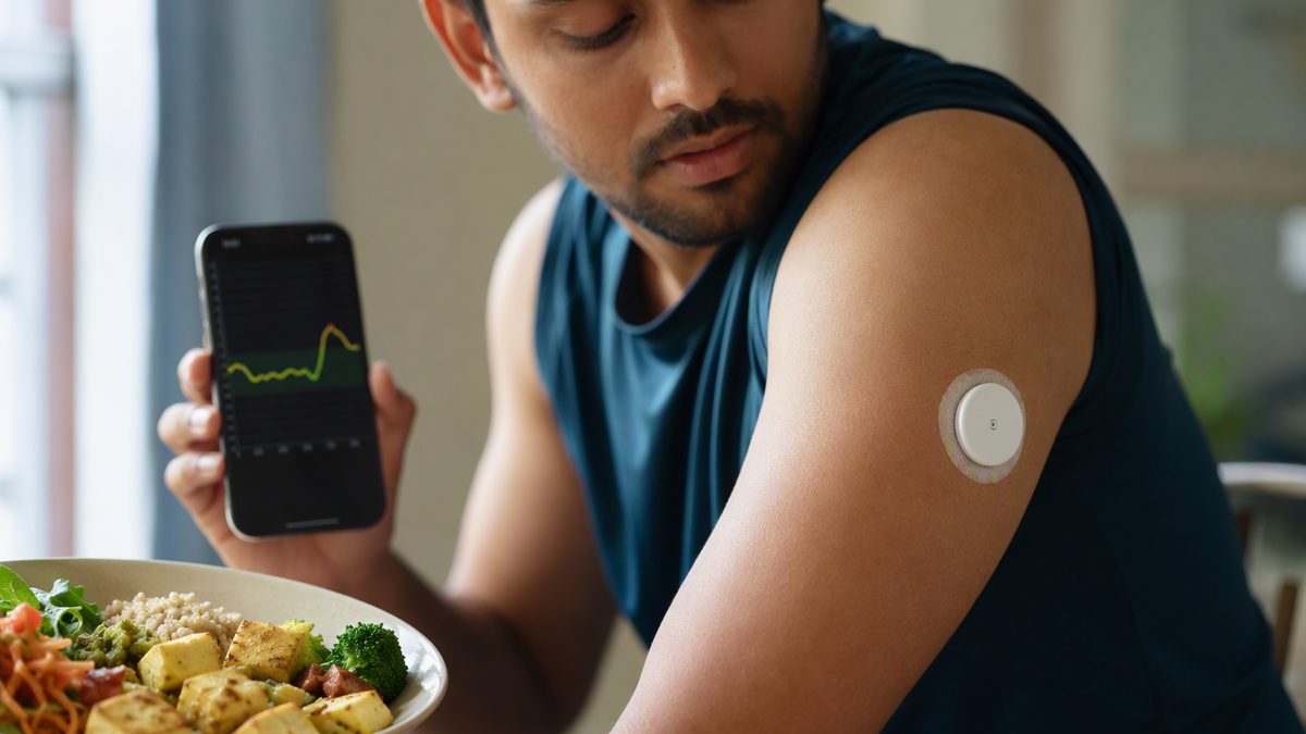 Glucose sensor patch on an upper arm beside a phone showing a glucose curve, healthy meal on the table