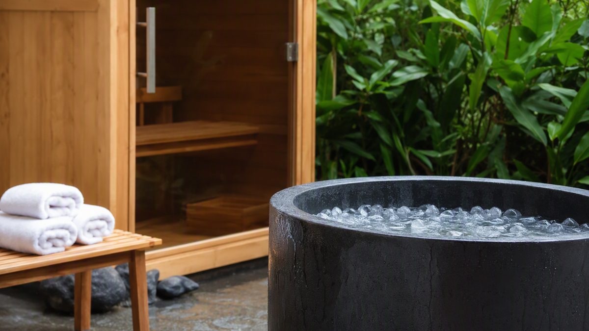 Cold plunge tub with ice next to an outdoor wooden sauna, towels on a bench, no people