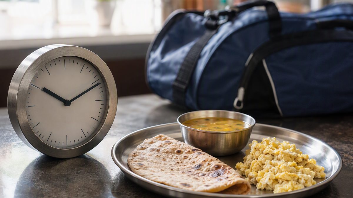 Kitchen clock beside a high-protein meal of eggs, dal and roti, gym bag in the background