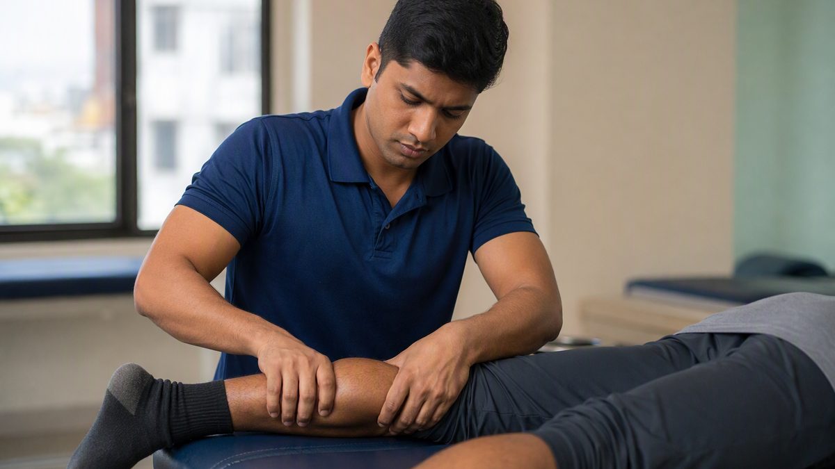 Massage therapist working on a fully clothed athlete calf on a massage table, sports clinic