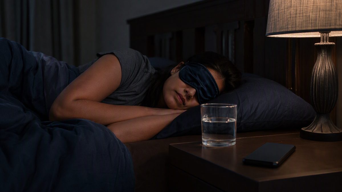 Dark tidy bedroom at night with a sleep mask, phone face-down and a glass of water on the bedside table