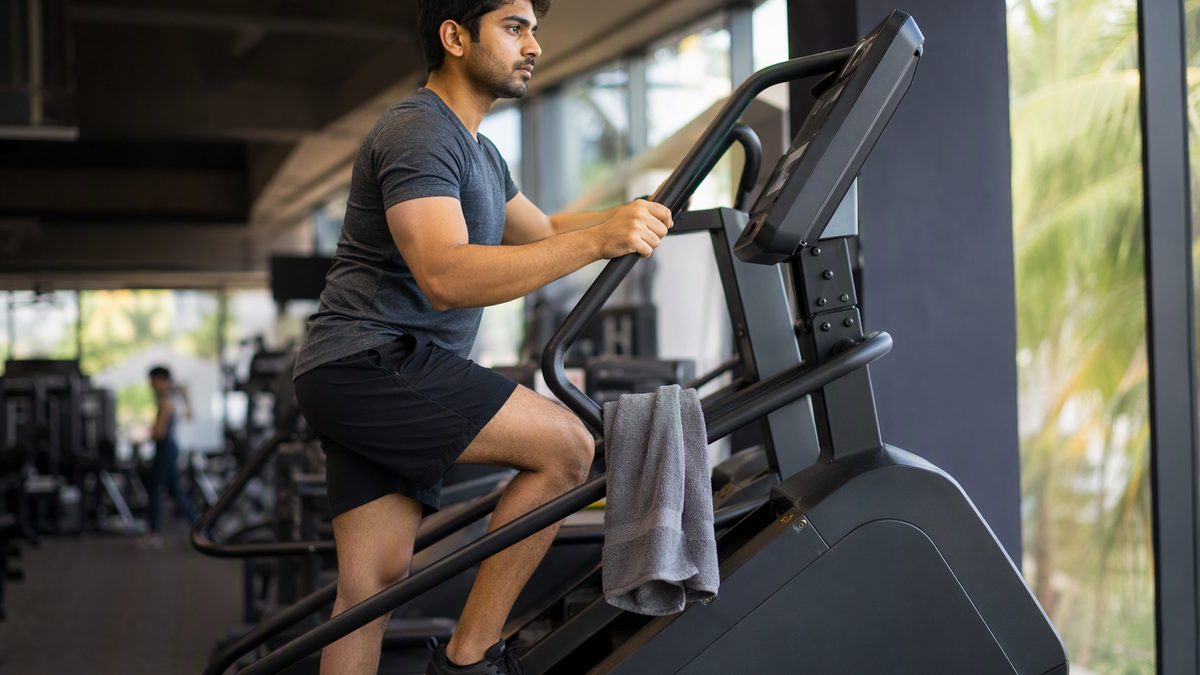 Person climbing on a stair-climber machine in a gym, towel over the rail