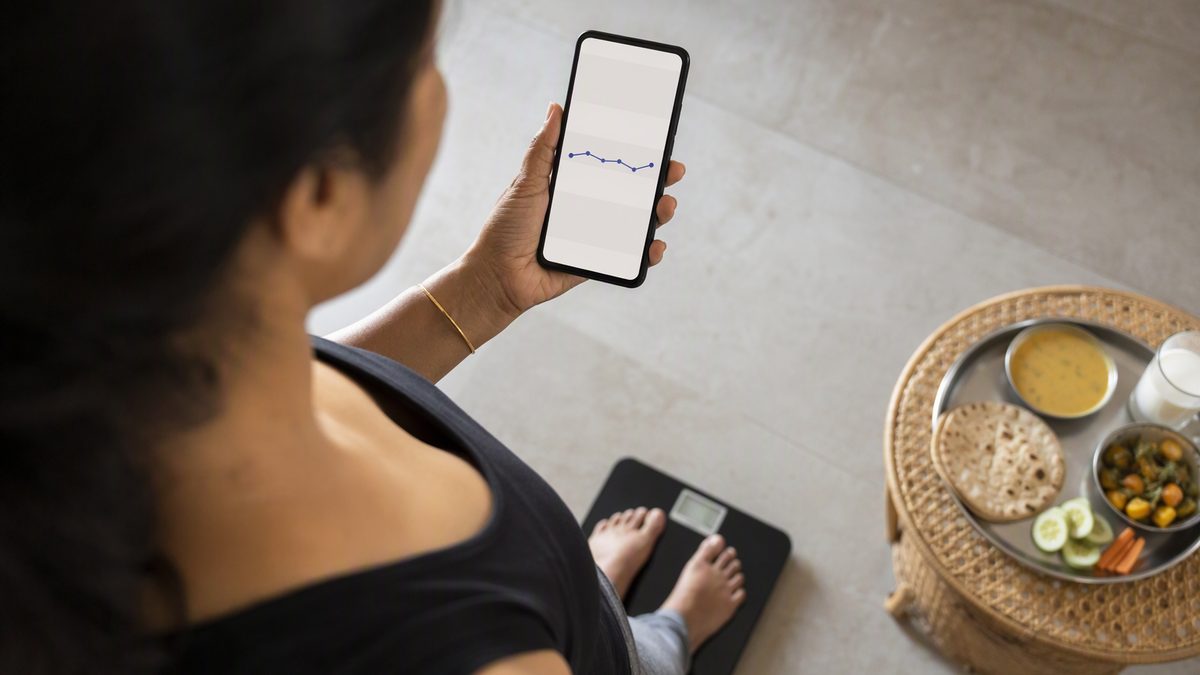 Person on bathroom scale looking at a flat weight-trend chart on phone