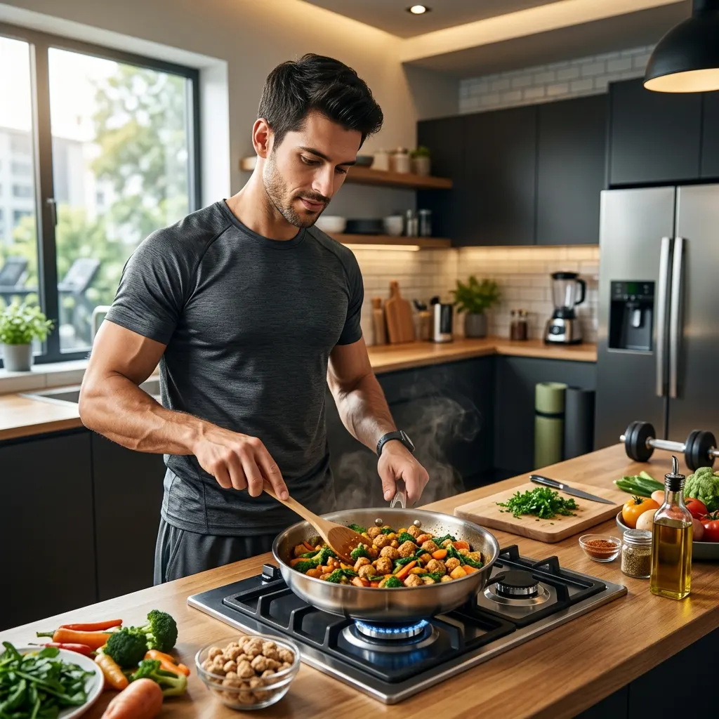 Soya chunks being stir-fried with vegetables in a pan