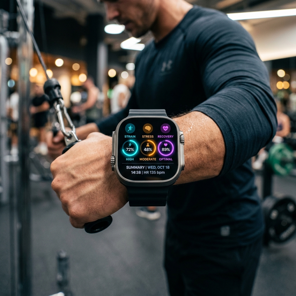 High-tech fitness dashboard showing circular rings for Strain, Stress, and Recovery