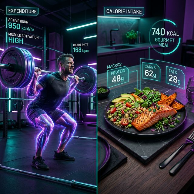 Split screen showing heavy lifting and a balanced healthy meal