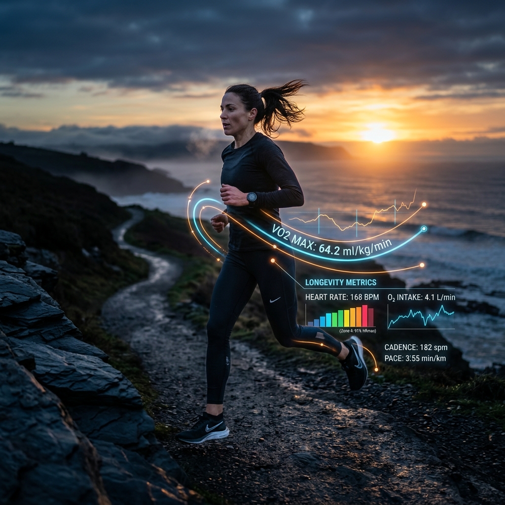 Athlete training with a glowing biometric interface indicating high VO2 Max
