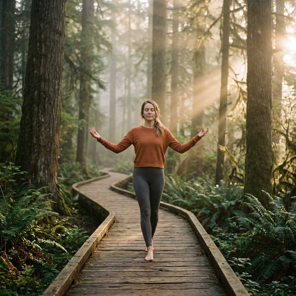 Person practicing walking meditation on a wooden boardwalk through a misty forest at golden hour