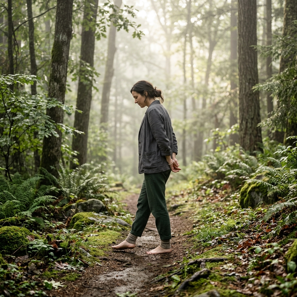 A person walking mindfully through a misty, sun-drenched forest