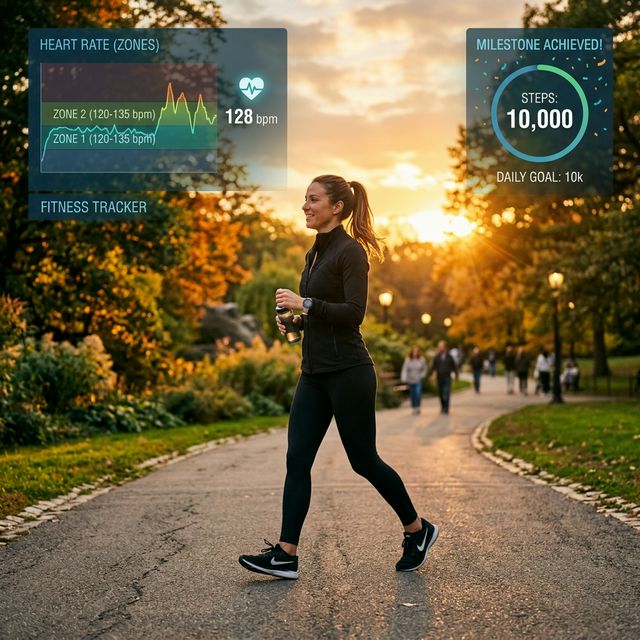 A person walking in a park with a heart rate zone overlay