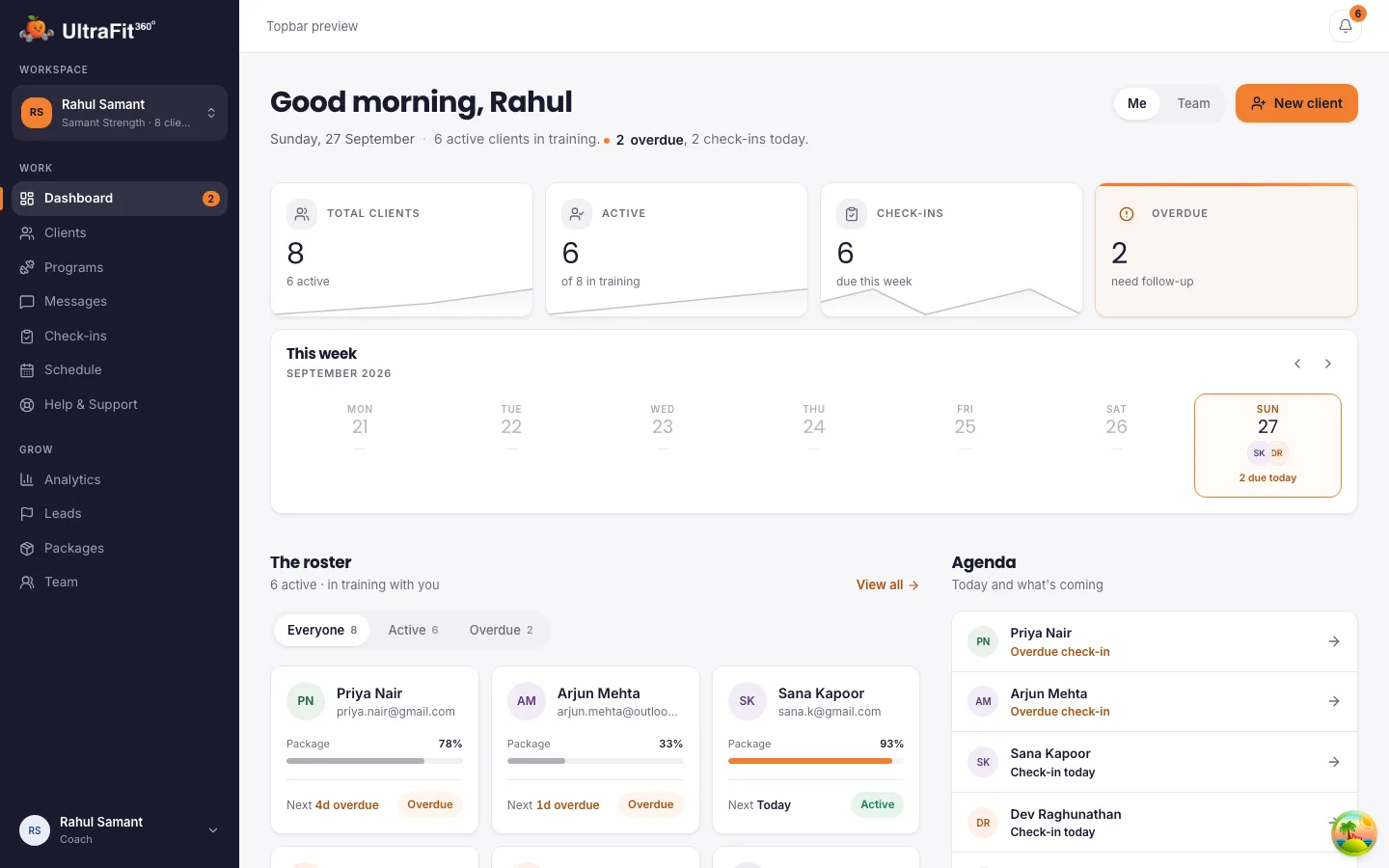 UltraFit360 coach dashboard with client roster, check-ins due this week and check-in adherence chart