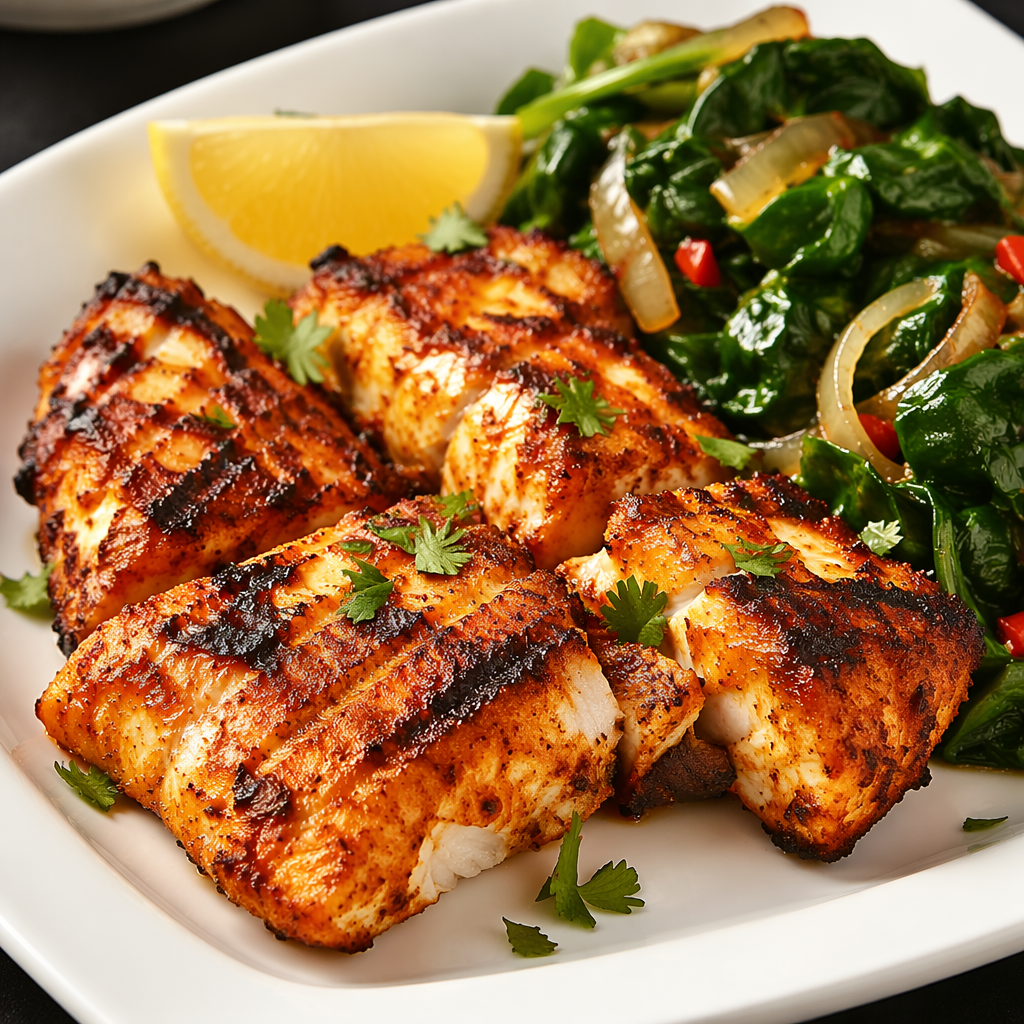 Grilled Fish Tikka with Sautéed Greens