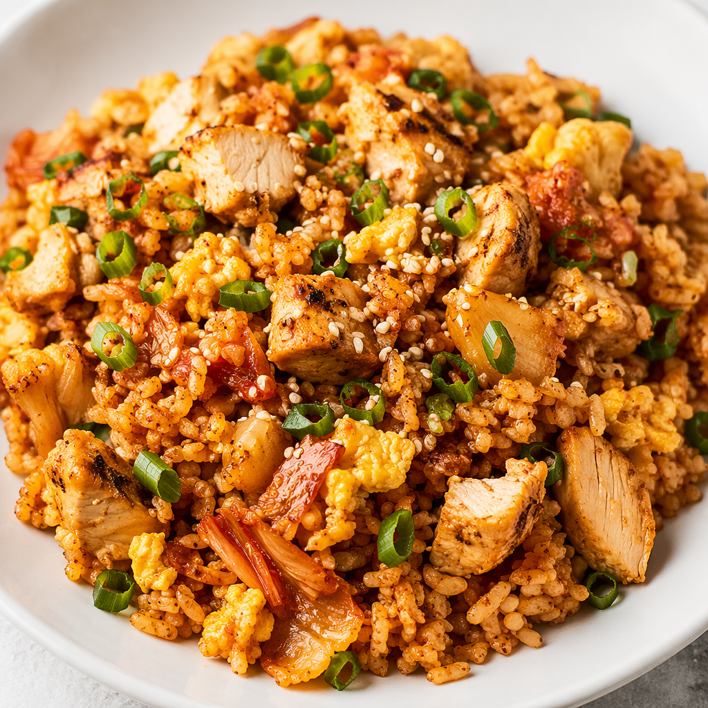 Kimchi Cauliflower Fried Rice with Chicken & Egg